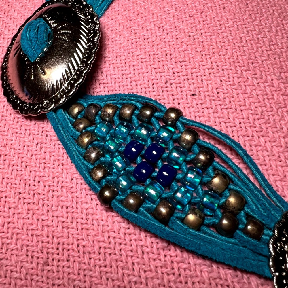 Boho Teal Suede Beaded Concho Belt Southwestern Fringe Tie Waist Silver Tone 62" - Picture 3 of 6
